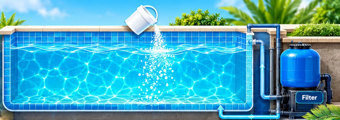A pool and its filter system: chlorine dissolved in a pail is poured into the water